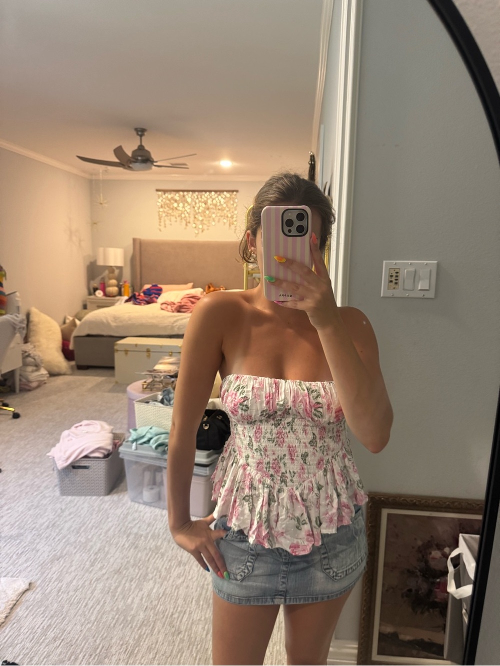 Floral Strapless Ruffle Peplum Top - Pink/White